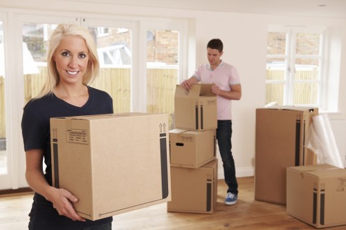 Packing boxes and materials arranged for a Kensington home move