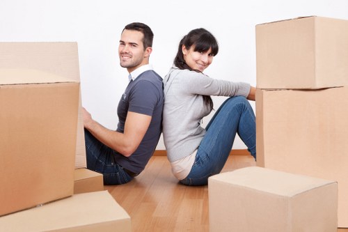 Packed office equipment ready for secure transport in Kensington